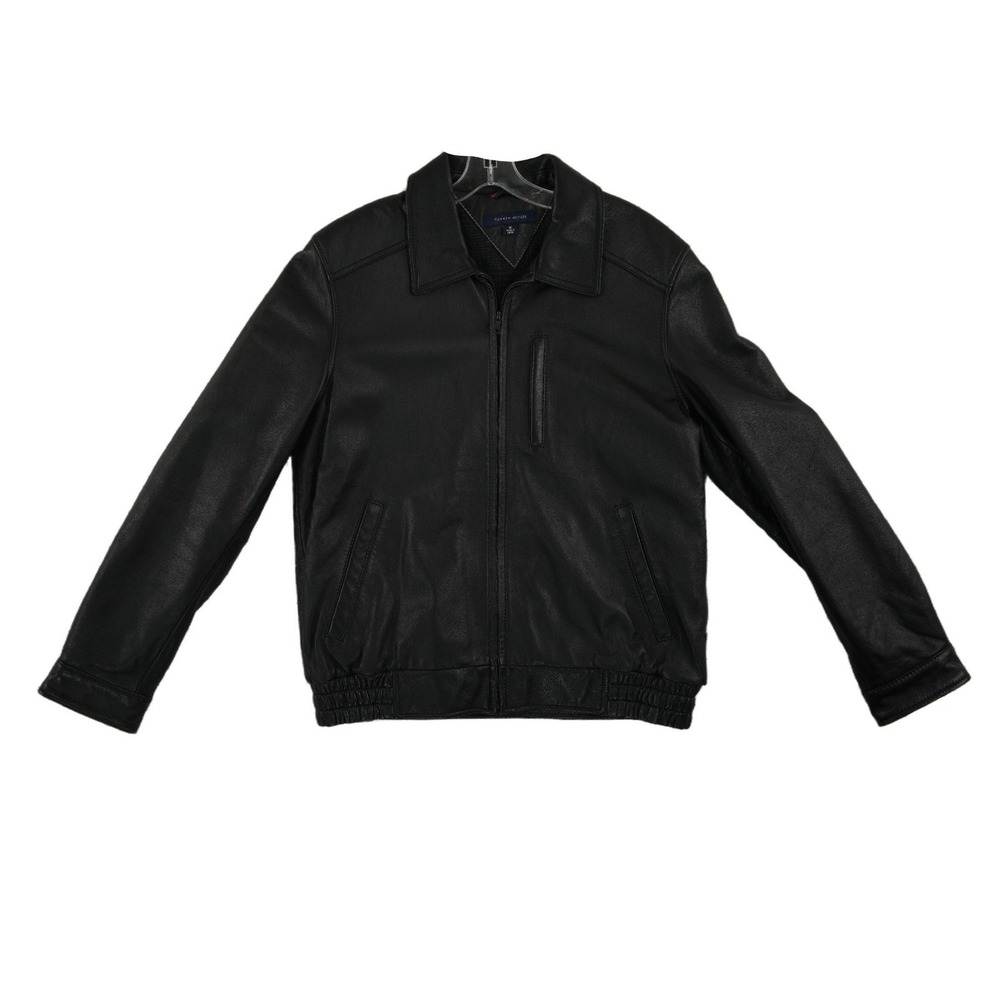 Tommy Hilfiger Leather Bomber Jacket Men's Size Medium Black Full Zip Harrington